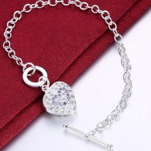Toggle w/ Hollow & Crystal Heart Pendant 7" Bracelet.